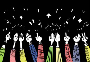 Renkli el çizimi alkışlar. Alkış, baş parmak hareketi, karalama tarzı, vektör illüstrasyonu