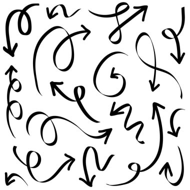 El çizimi Oklar simgeleri ayarlandı. Çeşitli yönlerde ok simgesi. Doodle vektör çizimi. beyaz arkaplanda izole edilmiş.