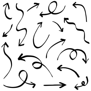 El çizimi Oklar simgeleri ayarlandı. Çeşitli yönlerde ok simgesi. Doodle vektör çizimi. beyaz arkaplanda izole edilmiş.