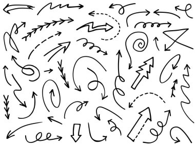 El çizimi Oklar simgeleri ayarlandı. Çeşitli yönlerde ok simgesi. Doodle vektör çizimi. beyaz arkaplanda izole edilmiş.