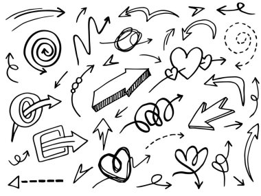 El çizimi Oklar simgeleri ayarlandı. Çeşitli yönlerde ok simgesi. Doodle vektör çizimi. beyaz arkaplanda izole edilmiş.