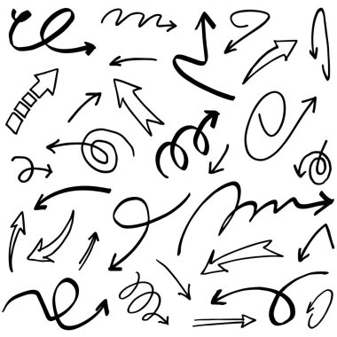 El çizimi Oklar simgeleri ayarlandı. Çeşitli yönlerde ok simgesi. Doodle vektör çizimi. beyaz arkaplanda izole edilmiş.