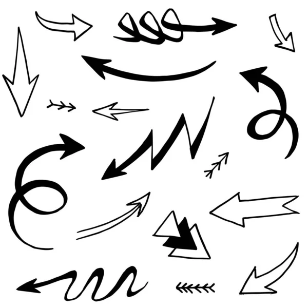 El çizimi Oklar simgeleri ayarlandı. Çeşitli yönlerde ok simgesi. Doodle vektör çizimi. beyaz arkaplanda izole edilmiş.