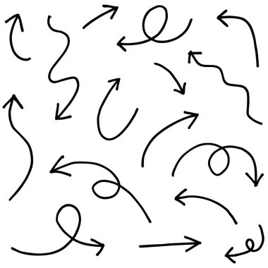 Elle çizilmiş oklar. Vektör karalama tasarım elementleri. İş bilgileri, afişler, web ve konsept tasarımı için beyaz arkaplan üzerine resim..