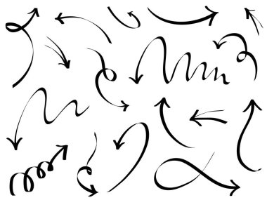 Elle çizilmiş oklar. Vektör karalama tasarım elementleri. İş bilgileri, afişler, web ve konsept tasarımı için beyaz arkaplan üzerine resim..