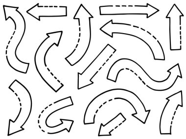 Elle çizilmiş oklar. Vektör karalama tasarım elementleri. İş bilgileri, afişler, web ve konsept tasarımı için beyaz arkaplan üzerine resim..