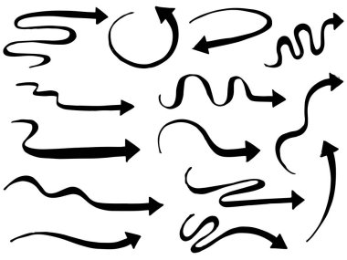 Elle çizilmiş oklar. Vektör karalama tasarım elementleri. İş bilgileri, afişler, web ve konsept tasarımı için beyaz arkaplan üzerine resim..