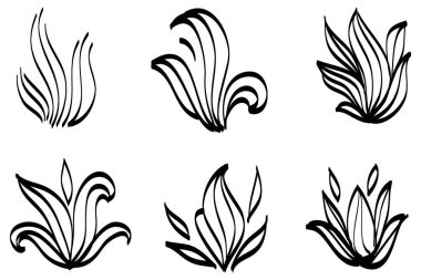 El yapımı ateş ikonlarının toplanması. Ateş Alevi Simgesi Vektörü Ayarlandı. El Çizimi Eskiz Ateşi, Siyah ve Beyaz Çizim. Basit ateş sembolü.