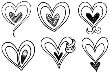 Doodle Hearts, el yapımı aşk kalpleri. Vektör illüstrasyonu.