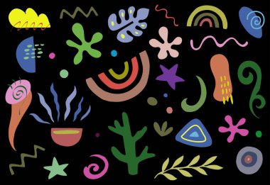 Büyük bir el seti çeşitli şekiller ve karalama nesneleri çizdi. Soyut modern trend vektör illüstrasyonu. Tüm elementler izole edildi