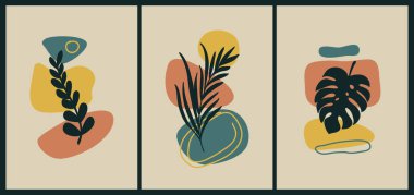 Pastel renklerde çağdaş sanat posterleri koleksiyonu. Soyut kağıt geometrik elementleri ve vuruşları, yaprakları ve noktaları keser. Sosyal medya, kartpostallar ve baskı için harika bir tasarım..