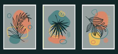 Pastel renklerde çağdaş sanat posterleri koleksiyonu. Soyut kağıt geometrik elementleri ve vuruşları, yaprakları ve noktaları keser. Sosyal medya, kartpostallar ve baskı için harika bir tasarım..