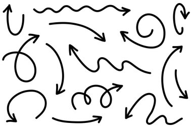 Elle çizilmiş oklar. Vektör karalama tasarım elementleri. İş bilgileri, afişler, web ve konsept tasarımı için beyaz arkaplan üzerine resim..