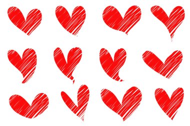 Doodle Hearts, renkli, el yapımı aşk kalpleri koleksiyonu. Vektör illüstrasyonu.