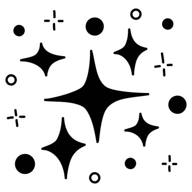 Vektör yıldızlarının karalama kümesi parlak simge, temiz yüzey simgesi. Parlayan ışık efektleri ve parlayan patlamalar. Beyaz arka planda izole edilmiş. vektör illüstrasyonu