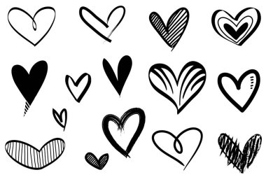 Doodle Hearts, el yapımı aşk kalpleri. Vektör illüstrasyonu.