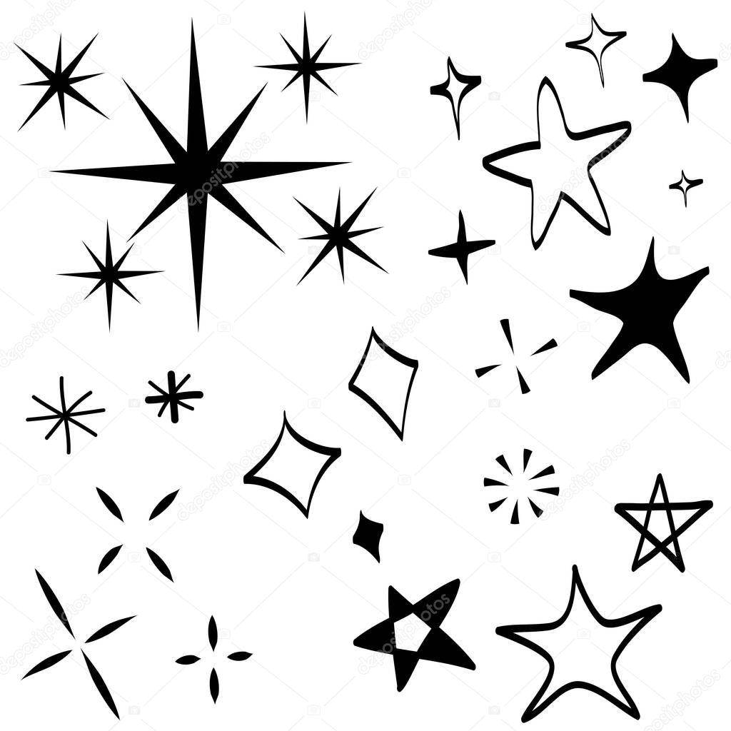 doodle set of vector stars sparkle icon, clean surface icon. Glowing light effect stars and shining burst. isolated on white background. vector illustration