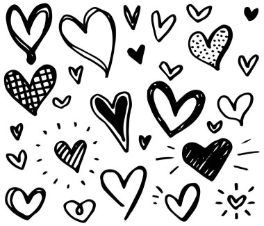 Doodle Hearts, el yapımı aşk kalpleri. Vektör illüstrasyonu.