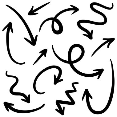 Elle çizilmiş oklar. Vektör karalama tasarım elementleri. İş bilgileri, afişler, web ve konsept tasarımı için beyaz arkaplan üzerine resim..