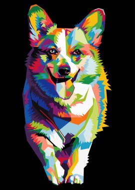 Popüler sanat tarzında izole edilmiş renkli Galli Corgi köpek kafası. WPAP biçimi