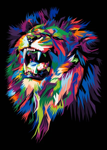 Colorful Lion Head Pop Art Style Isolated Black Backround — Stock Vector