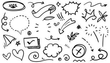 Soyut oklar, kurdeleler, taçlar, kalpler, patlamalar ve konsept tasarım için elde çizilmiş diğer elementler. Karalama çizimi. Dekorasyon için vektör şablonu