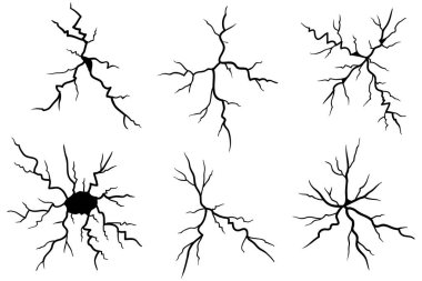 Zemin çatlakları ayarlandı. Deprem ve zemin çatlakları, delik etkisi, Craquelure ve hasarlı duvar dokusu. Vektör illüstrasyonları deprem, çarpma ve yıkım konularında kullanılabilir