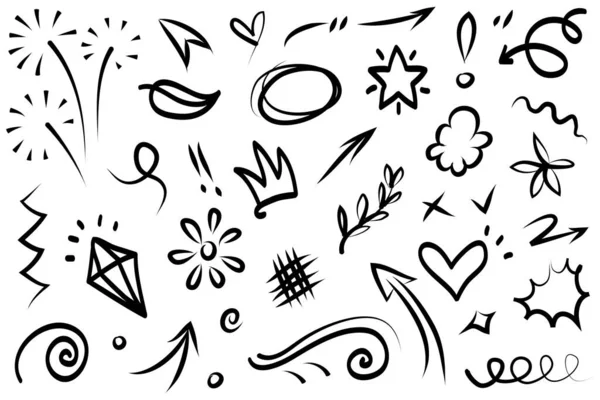Hand Drawn Set Elements Abstract Arrows Ribbons Hearts Stars Crowns — Stock Vector