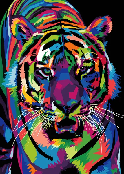 Colorato Testa Tigre Stile Pop Art Isolato Con Backround Nero — Vettoriale Stock