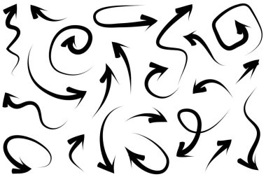 Elle çizilmiş oklar. Vektör karalama tasarım elementleri. İş bilgileri, afişler, web ve konsept tasarımı için beyaz arkaplan üzerine resim..