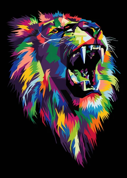 Pop sanat tarzındaki renkli aslan kafası siyah arka planda izole edilmiş.