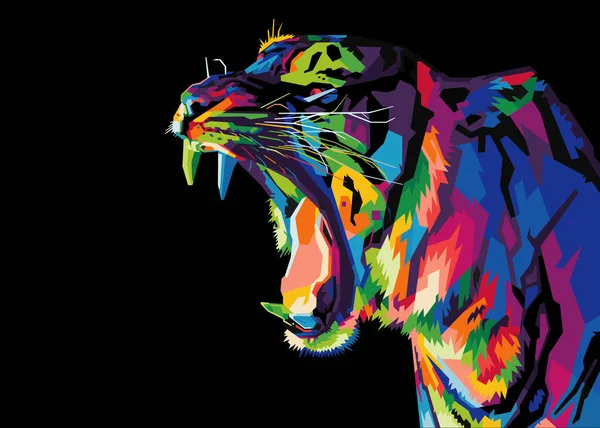 Bunte Tigerkopf Auf Pop Art Stil Isoliert Mit Schwarzem Hintergrund — Stockvektor