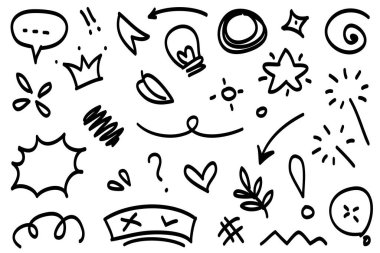 Çizgiler, oklar, daireler ve eğriler vektörü. El çizimi tasarım elementleri bilgi için beyaz arkaplanda izole edildi. vektör illüstrasyonu.