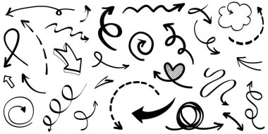 Elle çizilmiş oklar. Vektör karalama tasarım elementleri. İş bilgileri, afişler, web ve konsept tasarımı için beyaz arkaplan üzerine resim..