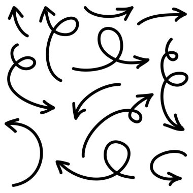 El çizimi ok simgeleri beyaz arkaplanda izole edildi. Doodle vektör illüstrasyonu.