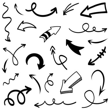 El çizimi ok simgeleri beyaz arkaplanda izole edildi. Doodle vektör illüstrasyonu.