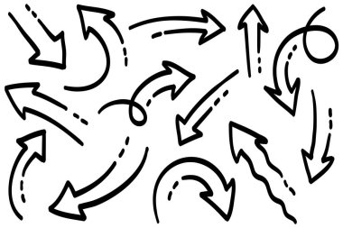 El çizimi ok simgeleri beyaz arkaplanda izole edildi. Doodle vektör illüstrasyonu.