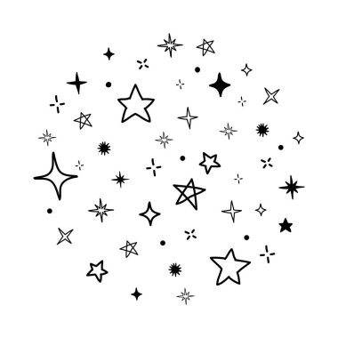 Gece gökyüzü elementlerinin vektör koleksiyonu. Yüzey tasarımı, baskılar, ambalaj kağıtları, kartlar, posterler, afişler, baskılar için. Tema odası, Kozmonotlar Günü, astronomi, yıldızlar. gök kümesi