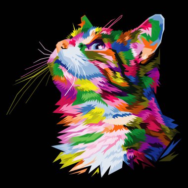 Pop sanat tarzındaki renkli komik kedi, izole edilmiş siyah arka plan