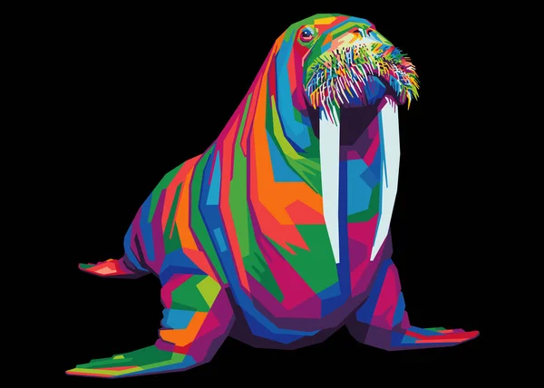 Colorful Walrus Black Background Pop Art Style Isolated — Vettoriale Stock