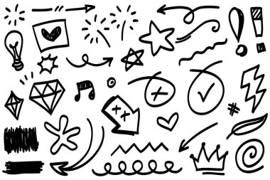 Çizgiler, oklar, daireler ve eğriler vektörü. El çizimi tasarım elementleri bilgi için beyaz arkaplanda izole edildi. vektör illüstrasyonu.