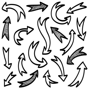 Elle çizilmiş oklar. Vektör karalama tasarım elementleri. İş bilgileri, afişler, web ve konsept tasarımı için beyaz arkaplan üzerine resim..