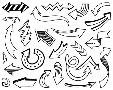 Elle çizilmiş oklar. Vektör karalama tasarım elementleri. İş bilgileri, afişler, web ve konsept tasarımı için beyaz arkaplan üzerine resim..