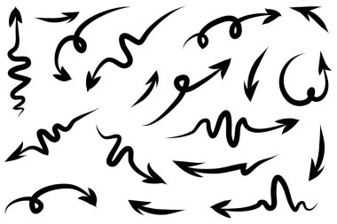 Elle çizilmiş oklar. Vektör karalama tasarım elementleri. İş bilgileri, afişler, web ve konsept tasarımı için beyaz arkaplan üzerine resim..