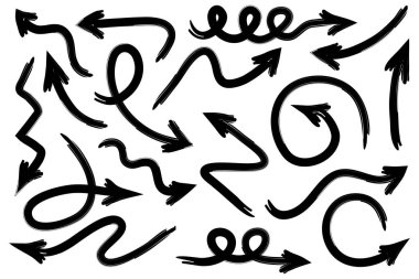 Elle çizilmiş oklar. Vektör karalama tasarım elementleri. İş bilgileri, afişler, web ve konsept tasarımı için beyaz arkaplan üzerine resim..