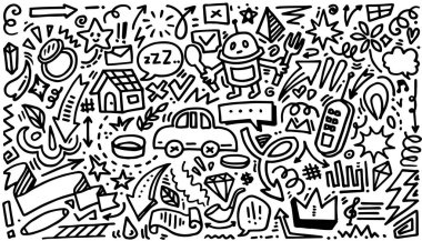 Hand drawn set elements, Abstract arrows, ribbons, hearts, stars, crowns, monsters and other elements in hand drawn style for concept design. Scribble illustration. Vector illustration.