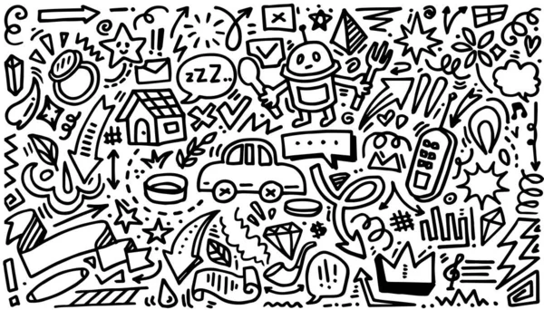 Hand drawn set elements, Abstract arrows, ribbons, hearts, stars, crowns, monsters and other elements in hand drawn style for concept design. Scribble illustration. Vector illustration.