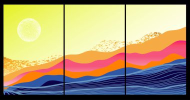 Japon arka planı ve çizgi dalga modeli vektörü. Geometrik desenli soyut şablon. Doğu tarzında dağ yerleşimi tasarımı.