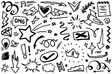 El çizimi elementler, soyut oklar, kurdeleler, kalpler, yıldızlar, taçlar ve diğer elementler konsept tasarımlar için el çizimi tarzında. Yazı illüstrasyonu. Vektör illüstrasyonu.