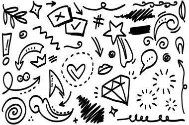 El çizimi elementler, soyut oklar, kurdeleler, kalpler, yıldızlar, taçlar ve diğer elementler konsept tasarımlar için el çizimi tarzında. Yazı illüstrasyonu. Vektör illüstrasyonu.